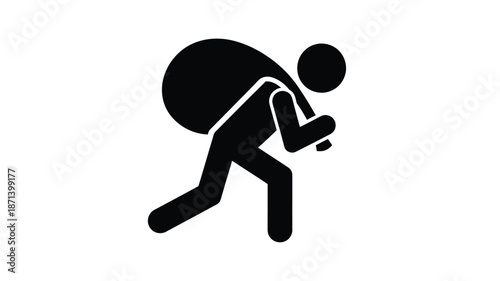 Stick figure silhouette of a person running away with a large bag on their back