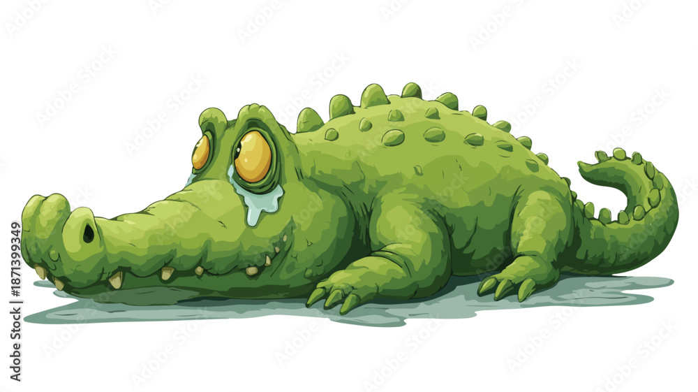 Fototapeta premium Cute Cartoon Sad Crocodile Feeling Ill with Outline Vector Illustration