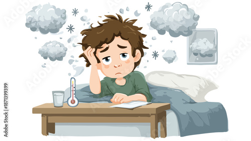 Cute Cartoon Sick Boy with High Temperature Vector Illustration
