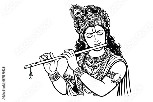 Illustration of Krishna playing the flute, embodying divine serenity and cultural heritage in traditional attire from a frontal viewpoint
