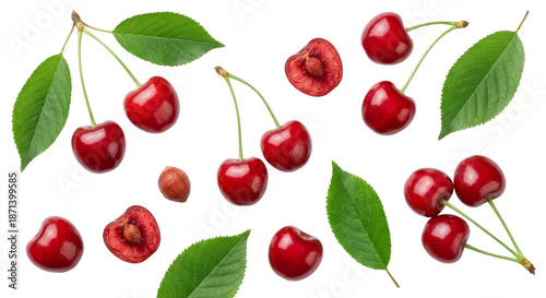 Fresh Cherries with Leaves and Stems on White Background, Top View