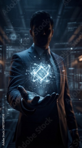 A businessman in a suit holds a glowing digital symbol, surrounded by abstract technology visuals, representing innovation and data.