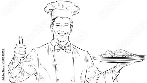Professional Chef with Food Tray Showing Thumbs Up Vector Illustration