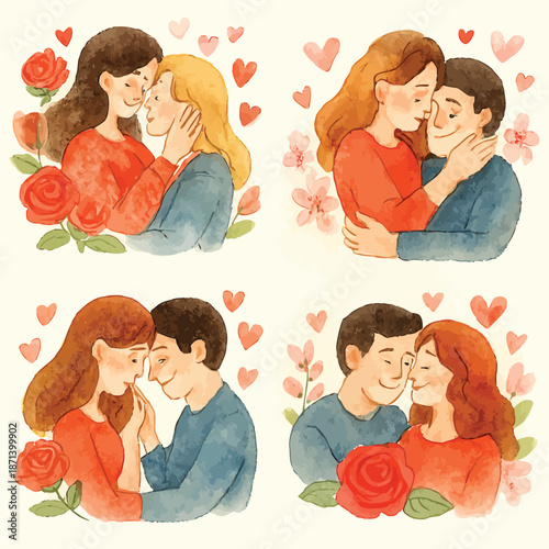 Couple Sharing an Intimate Moment with Love and Affection Surrounded by Hearts and Roses in a Tender Illustration