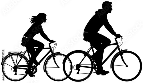 Black Silhouette of Man and Woman Riding Bicycles Side by Side for Healthy Fitness Lifestyle Isolated on Plain White Background