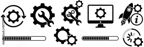 Large Set of Black Vector Icons Representing Technical System Maintenance, Industrial Gear Optimization, Business Workflow Progress, Startup Rocket Launch, and Computer Support.