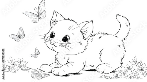 Adorable Cartoon Baby Cat Interacting with Colorful Butterflies in Vector Illustration