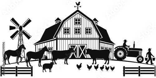Set of Black Silhouette Icons Representing Traditional Farm Life, Livestock Management, Agricultural Machinery, Barn Architecture, Rural Countryside Landscape, and Sustainable Farming Practices.