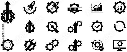 Large Set of Black Vector Icons Representing Industrial Workflow Optimization, Business Productivity Gears, Project Management Progress, Startup Rocket Launch, and Technical Support.