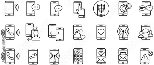 Set of Minimalist Line Icons Representing Mobile Smartphone Technology, Digital Connectivity, Wireless Communication, Social Media Networking, User Interface Design, and App Messaging.