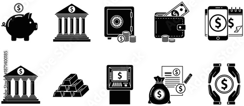 Set of Black Vector Icons Representing Professional Banking Services, Wealth Management, Safe Deposits, Financial Assets, Gold Bullion, and Personal Money Savings Concepts.