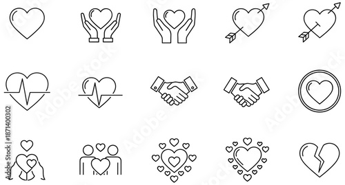 Set of Minimalist Heart Line Icons Representing Love, Romance, Relationship Trust, Healthcare Charity, Broken Heart, Emotional Empathy, and Global Human Partnership.