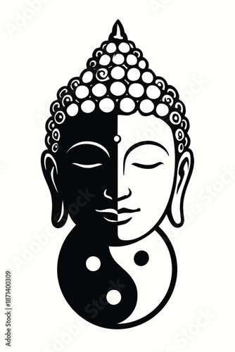 Serene Buddha illustration with yin yang symbol representing harmony and balance in a simple graphic design