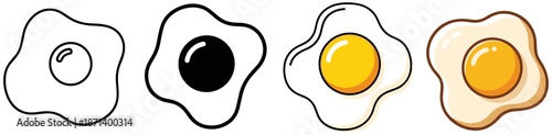 Set of Fried Egg Vector Illustrations in Different Styles Including Line Art, Flat Black, Simple Color, and Realistic Cartoon Food Design.