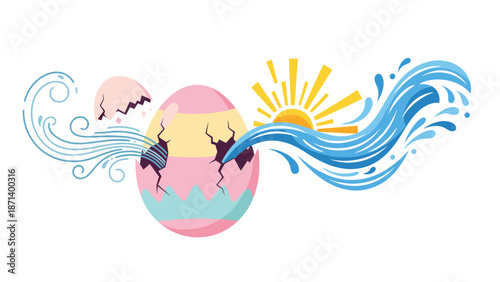 Cracked Easter Egg with Sun and Water Elements, Generative AI.