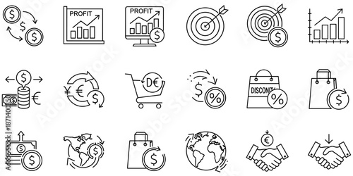 Set of Business Line Icons Representing Financial Profit Growth, Global Trade, Currency Exchange, Investment Strategy, Market Analysis, and International Commerce Success Concepts.
