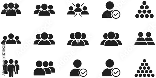 Set of Black Vector Icons Representing Corporate Team Structures, Leadership Hierarchies, Human Resources Management, Workforce Organization, Professional Networking, and Business Groups.
