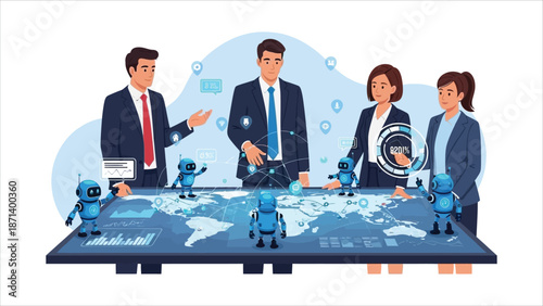 Cartoon vector illustration set of AI assistants. Robots assist users in chat conversations, business tasks, and educational workflows, demonstrating AI-powered automation and integration..eps