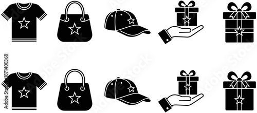 Set of Black Vector Icons Representing Branded Merchandise, Retail Gift Items, Promotional Products, Star Logo Apparel, Shopping Rewards, and Creative Giveaway Concepts.