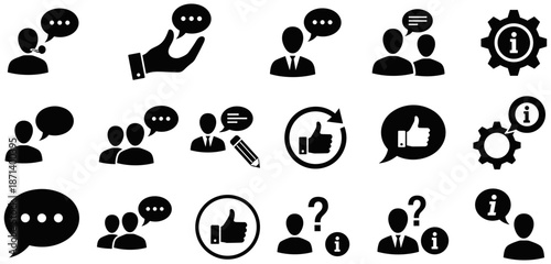 Set of Black Vector Icons Representing Effective Communication, Information Services, Customer Feedback, Help Desk Support, Social Interaction, and Business Consultation Concepts.