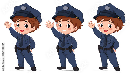 Adorable Kid in Police Uniform Waving - Vector Illustration
