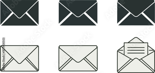 A set of six simple black and white envelope icons in various styles and states