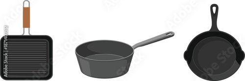 Set of black frying pans and square grill pan, kitchen cookware flat vector illustration collection