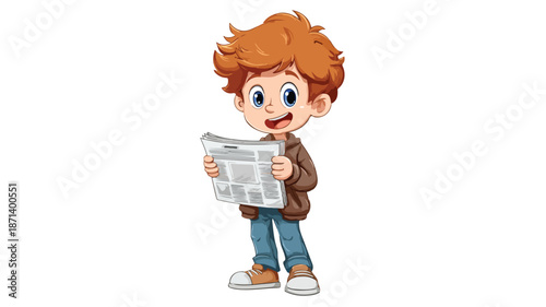 Adorable Cartoon Boy with Newspaper - Vector Illustration