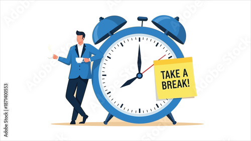 Coffee break illustration. Tired businessman relaxing with coffee or tea, taking a break from stress and fatigue..eps