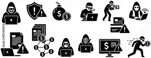 Black silhouette vector icon set of hacker cyber crime and internet fraud symbols for security warning graphic design projects