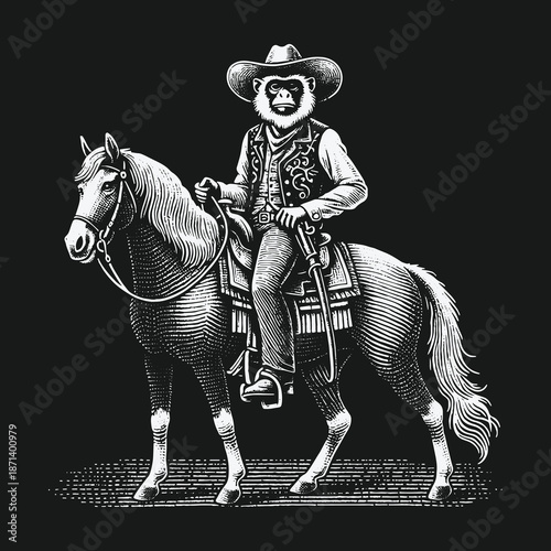 Monkey Cowboy Riding Horse in Vintage Engraving Style Illustration.