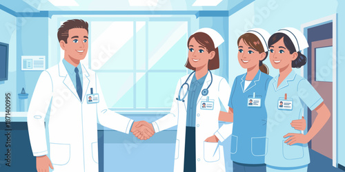 Successful doctor shaking hands with nurse team in modern hospital clinic professional medical staff partnership collaboration healthcare medicine concept for advertising marketing website banner pres