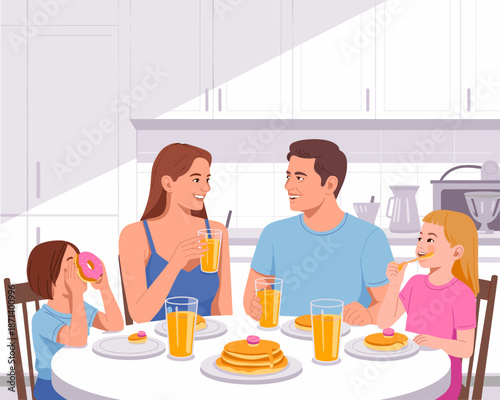 Happy family having breakfast together in modern kitchen interior mother father son and daughter enjoying pancakes donut and orange juice cheerful morning routine for family lifestyle and home cooking