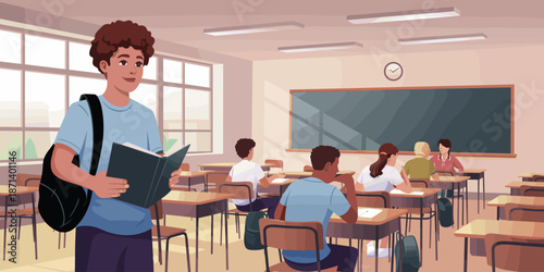 Smiling african american student holding textbook in classroom with students sitting at desks education learning environment back to school studying knowledge concept for educational presentations and