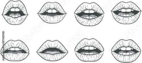 A detailed illustration of eight different mouth and lip expressions on a black background