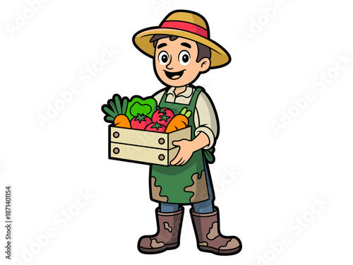 Cartoon farmer holding fresh vegetable harvest organic produce in wooden crate happy farm worker character illustration of homegrown tomatoes carrots lettuce for agriculture business sustainable food