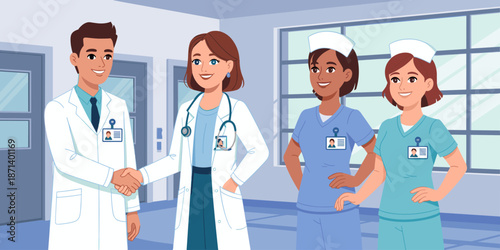 Smiling medical professionals shaking hands in hospital hallway doctor nurse collaboration teamwork partnership concept for healthcare advertising health awareness campaigns and medical presentations