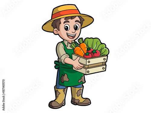 Cartoon farmer carrying fresh vegetables in wooden crate illustration organic produce harvest with carrots tomatoes and lettuce smiling agricultural worker character for farming market healthy eating