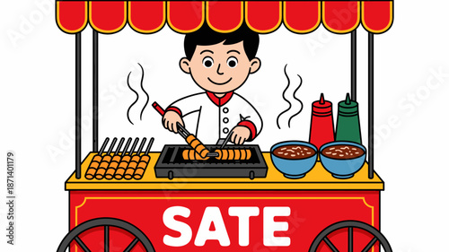 Cartoon street food vendor cooking delicious satay skewers on a vibrant red cart with sauces and seasonings traditional southeast asian cuisine mobile kitchen for food festivals and cultural events cu