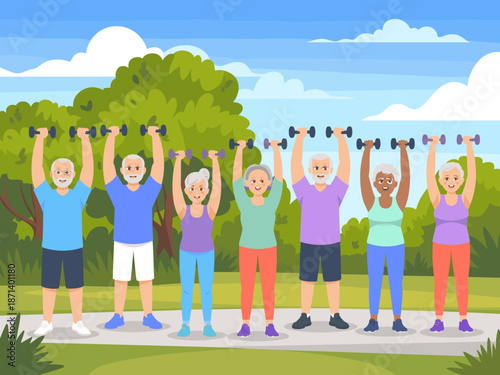 Diverse group of senior citizens lifting dumbbells in outdoor fitness class for healthy lifestyle and retirement planning wellness program healthcare and active aging in community recreation setting e