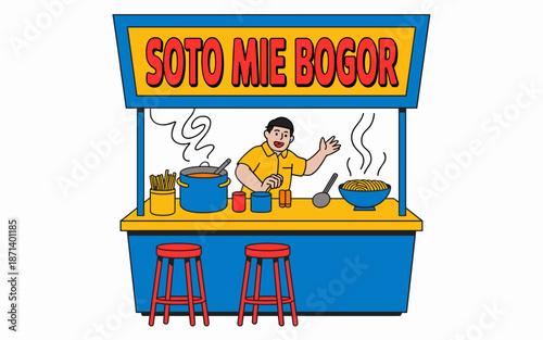 Cartoon vendor selling soto mie bogor Indonesian noodle soup from food stall smiling character preparing delicious traditional cuisine for customers colorful illustration of street food culinary cultu