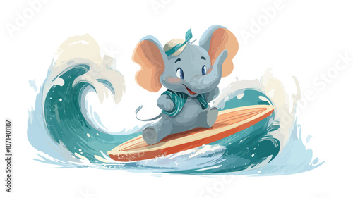 Adorable Cartoon Elephant Surfing on a White Background Vector Illustration