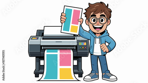 Cartoon graphic designer holding print from large format printer in modern studio professional artist character printing service for advertising marketing collateral design agency creative workflow co