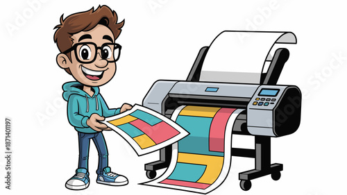 Smiling cartoon graphic designer holding color print from large format inkjet printer in modern office workspace for creative agency marketing promotional materials advertising industry professional v