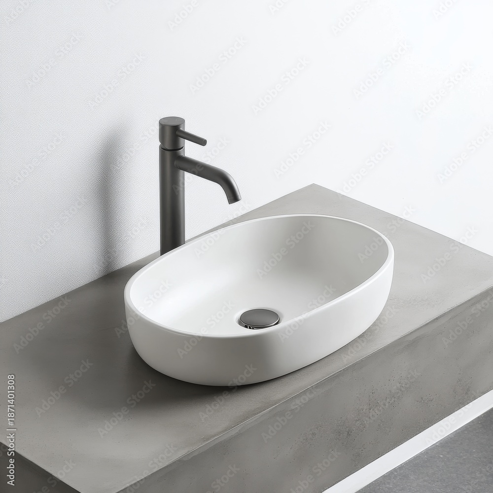 Fototapeta premium Modern Bathroom White Oval Sink with Dark Faucet on Concrete Counter, Bathroom , Sink