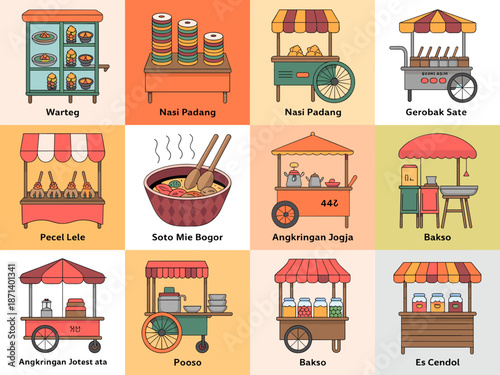 Colorful Indonesian Street Food Cart Collection Illustration Featuring Traditional Cuisine Warteg Nasi Padang Gerobak Sate Pecel Lele Soto Mie Bogor Angkringan Jogja Bakso Es Cendol for Cultural Touri