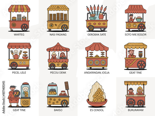 Diverse Indonesian Street Food Cart Collection Asian Cuisine Variety Traditional Food Stalls Warteg Nasi Padang Gerobak Sate Soto Mie Bogor Pecel Lele Pecou Denk Angkringan Jogja Geat Tine Bakso Es Ce