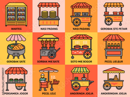 Indonesian Street Food Carts and Stalls Illustration Featuring Warteg Nasi Padang Gerobak Sate Soto Mie Bogor Pecel Lele Angkringan Jogja Culinary Variety Traditional Cuisine Culture Tourism Travel an