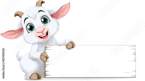 Adorable Cartoon Goat Holding Blank Sign for Text, Vector Illustration