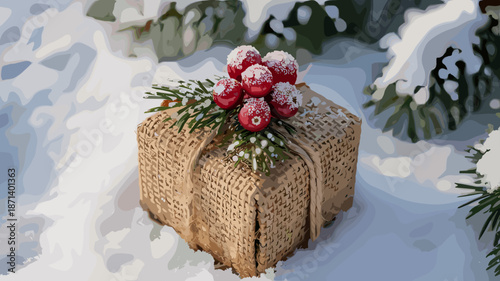 Festive Christmas gift box wrapped in burlap with red berries and pine needles lying on fresh snow in winter sunlight holiday season present background for greeting cards christmas celebrations and ne